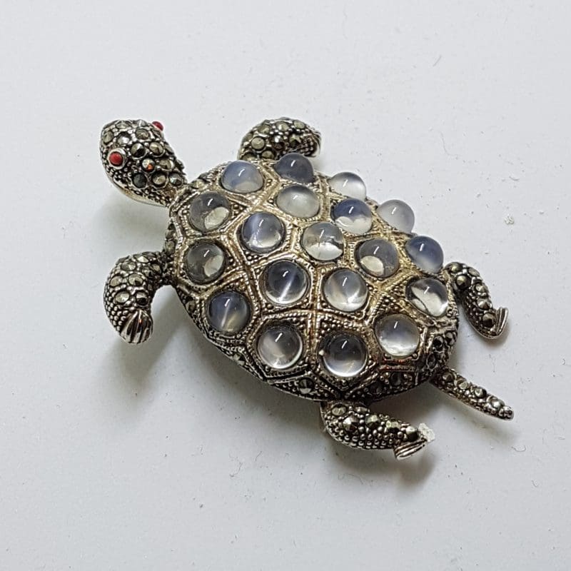 Sterling Silver Marcasite and Mother of Pearl Large Turtle Brooch
