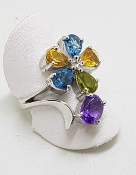 Sterling Silver Blue Topaz, Amethyst, Peridot and Citrine Flower Ring