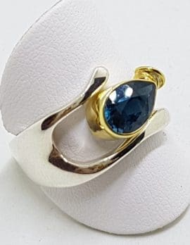 Sterling Silver Blue Topaz Teardrop in Wishbone Ring - With Gold Plate