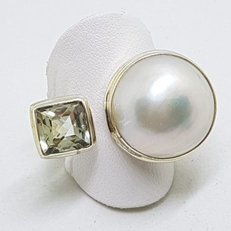 Sterling Silver Green Amethyst / Prasiolite Square with Mabe Pearl Ring