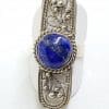 Sterling Silver Round Lapis Lazuli Ornate Filigree Long Ring