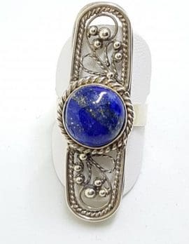 Sterling Silver Round Lapis Lazuli Ornate Filigree Long Ring
