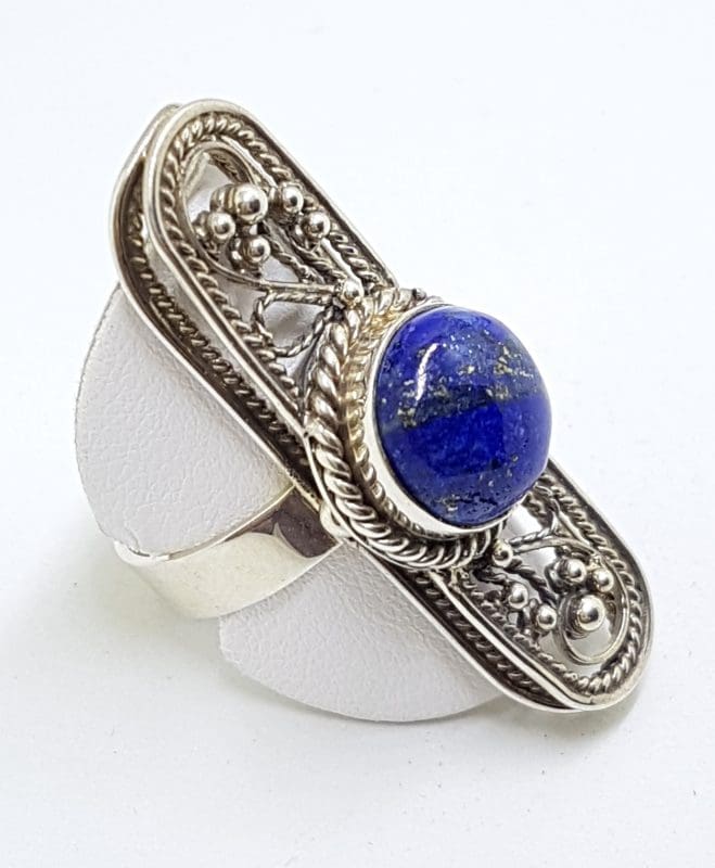 Sterling Silver Round Lapis Lazuli Ornate Filigree Long Ring