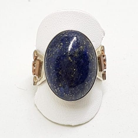 Sterling Silver Large Oval Lapis Lazuli Wide Ring - With Copper Design on the Side