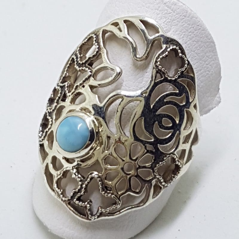 20200413_144244 Sterling Silver Larimar Ring - Ornate Floral and Bird Design