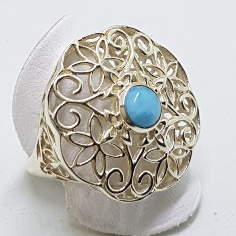 Sterling Silver Large Ornate Filigree Larimar Ring