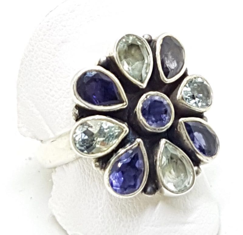 Sterling Silver Iolite and Topaz Cluster Ring