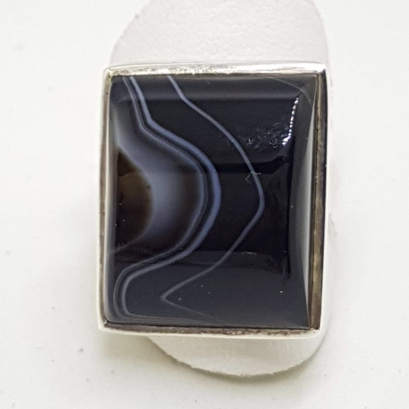 Sterling Silver Black Banded Agate Large Square Ring