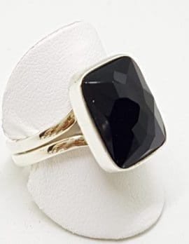 Sterling Silver Onyx Large Faceted Ring - Extendable