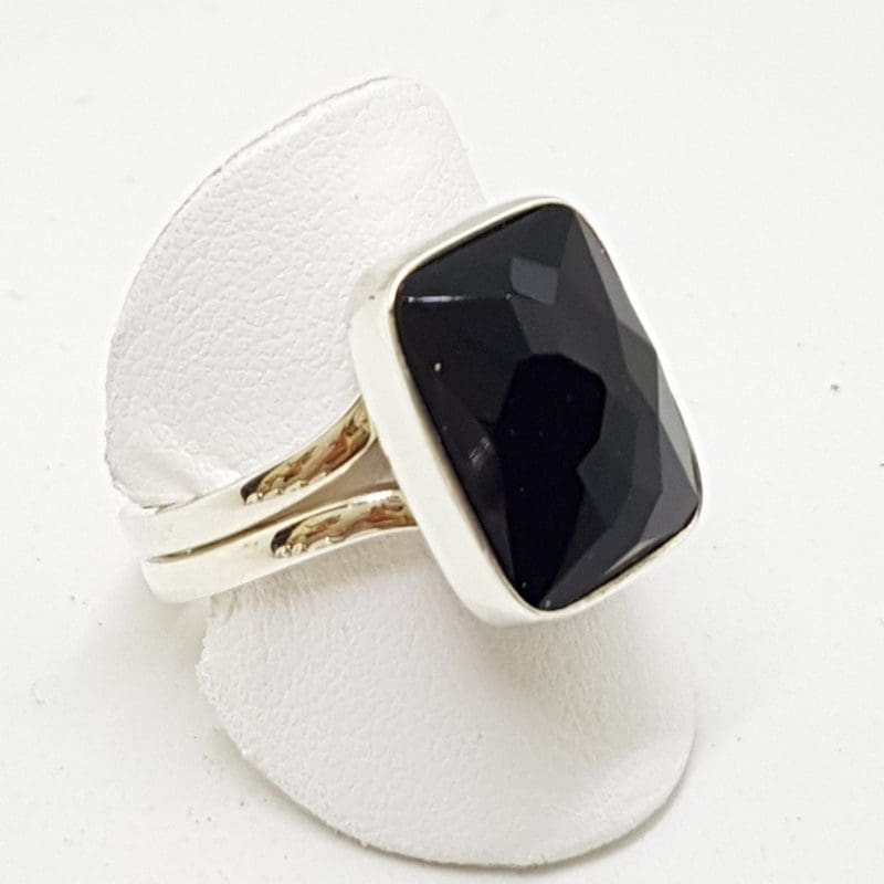 Sterling Silver Onyx Large Faceted Ring - Extendable