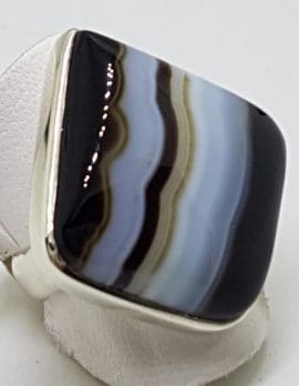 Sterling Silver Black Banded Agate Large Square Ring