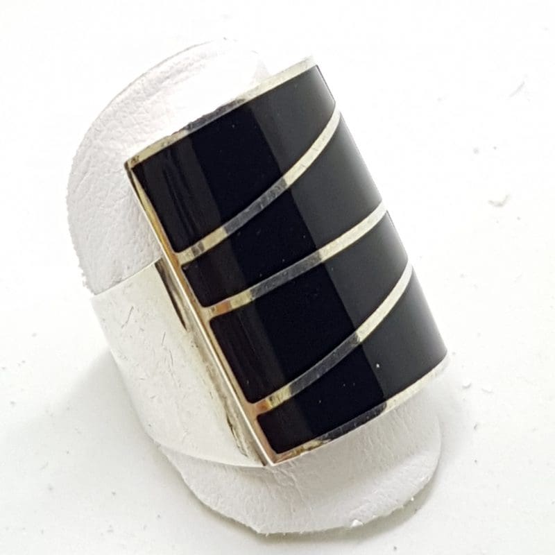Sterling Silver Black Enamel Large Rectangular Ring