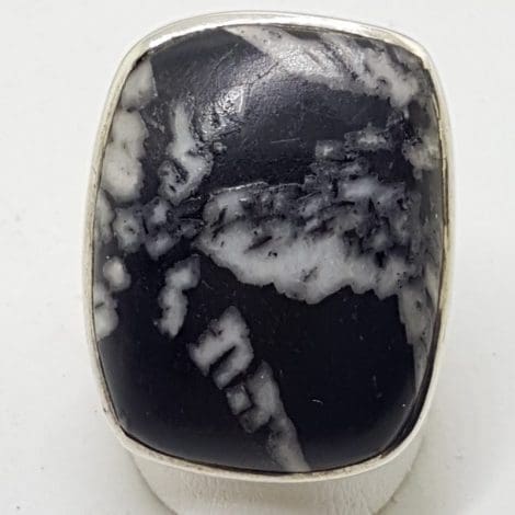 Sterling Silver Black Fossil Stone Large Rectangular Ring