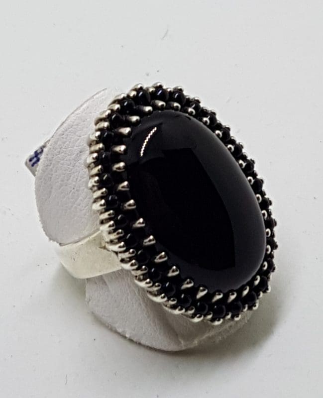 Sterling Silver Onyx Large Oval Cluster Ring