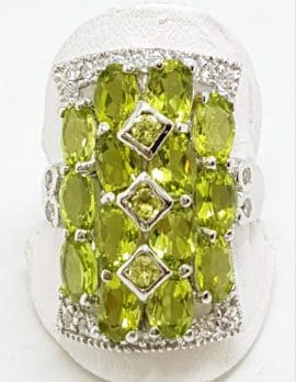 Sterling Silver Peridot and Cubic Zirconia Large Rectangular Cluster Ring
