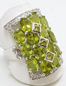 Sterling Silver Peridot and Cubic Zirconia Large Rectangular Cluster Ring