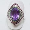 Sterling Silver Ruby, Emerald and Amethyst Large Cluster Ring