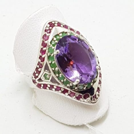 Sterling Silver Ruby, Emerald and Amethyst Large Cluster Ring