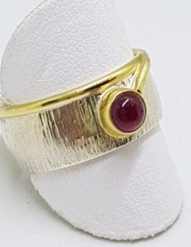 Sterling Silver Cabochon Ruby Wide Ring - With Gold Plate