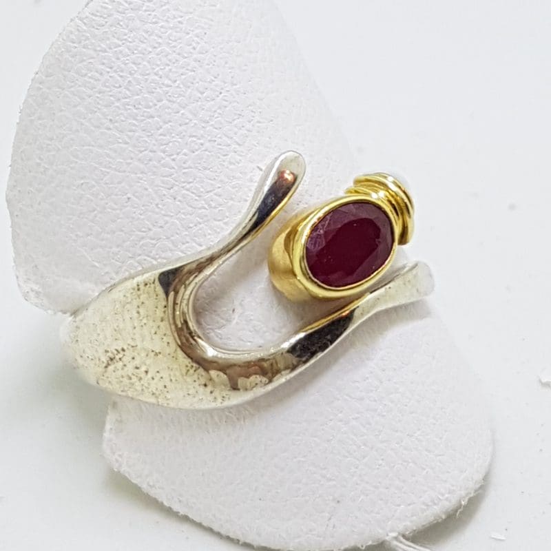 Sterling Silver Ruby Wishbone Ring - With Gold Plate