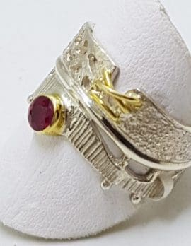 Sterling Silver Cabochon Cut Ruby Wide Ring - With Gold Plate