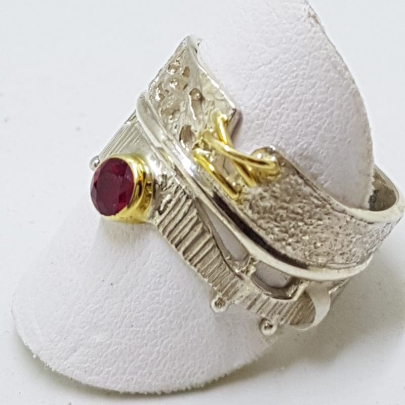 20200414_005234 Sterling Silver Cabochon Cut Ruby Wide Ring - With Gold Plate