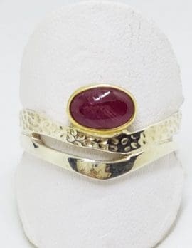 Sterling Silver Cabochon Cut Ruby Wave Ring - With Gold Plate