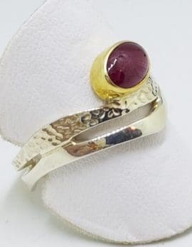 Sterling Silver Cabochon Cut Ruby Wave Ring - With Gold Plate