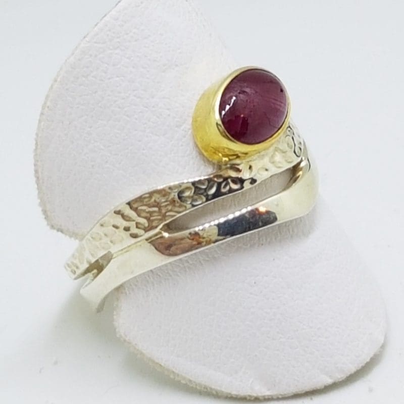 20200414_005443 Sterling Silver Cabochon Cut Ruby Wave Ring - With Gold Plate