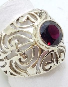 Sterling Silver Garnet Large Round Filigree Ornate Ring