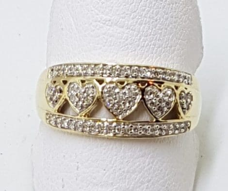 9ct Yellow Gold Diamond Heart Design Wide Band Ring