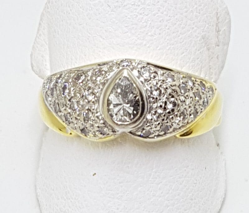 18ct Yellow and White Gold Diamond Wide Ring - Pear Shaped Diamond Surrounded by Round Pave Set Diamonds