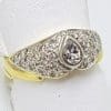 18ct Yellow and White Gold Diamond Wide Ring - Pear / Teardrop Shaped Diamond Surrounded by Round Pave Set Diamonds
