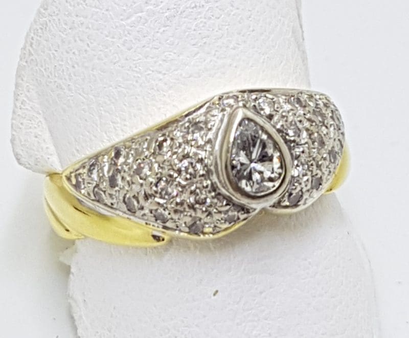 18ct Yellow and White Gold Diamond Wide Ring - Pear / Teardrop Shaped Diamond Surrounded by Round Pave Set Diamonds