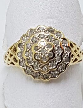 9ct Yellow Gold Diamond Round Ornate Cluster Ring