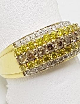 18ct Yellow Gold Diamond Wide Band Ring - 3 Coloured Diamonds
