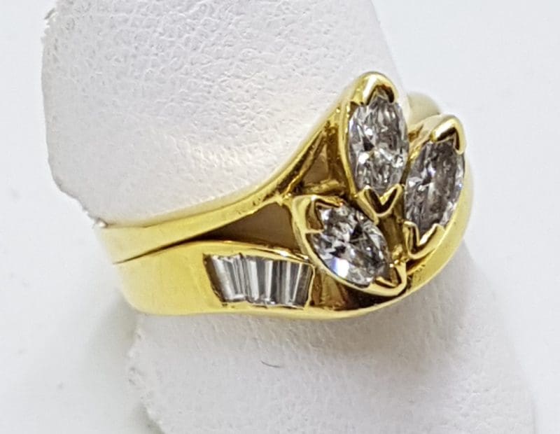 18ct Yellow Gold Marquis and Baguette Diamond Cluster Engagement and Wedding Ring Set