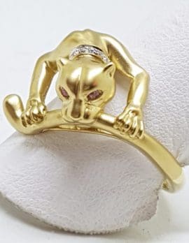 9ct Gold Jaguar / Panther Ring - Pink Sapphire Eyes and Diamond Collar