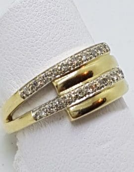 9ct Gold Diamond Crossover Lines Wide Gold Ring