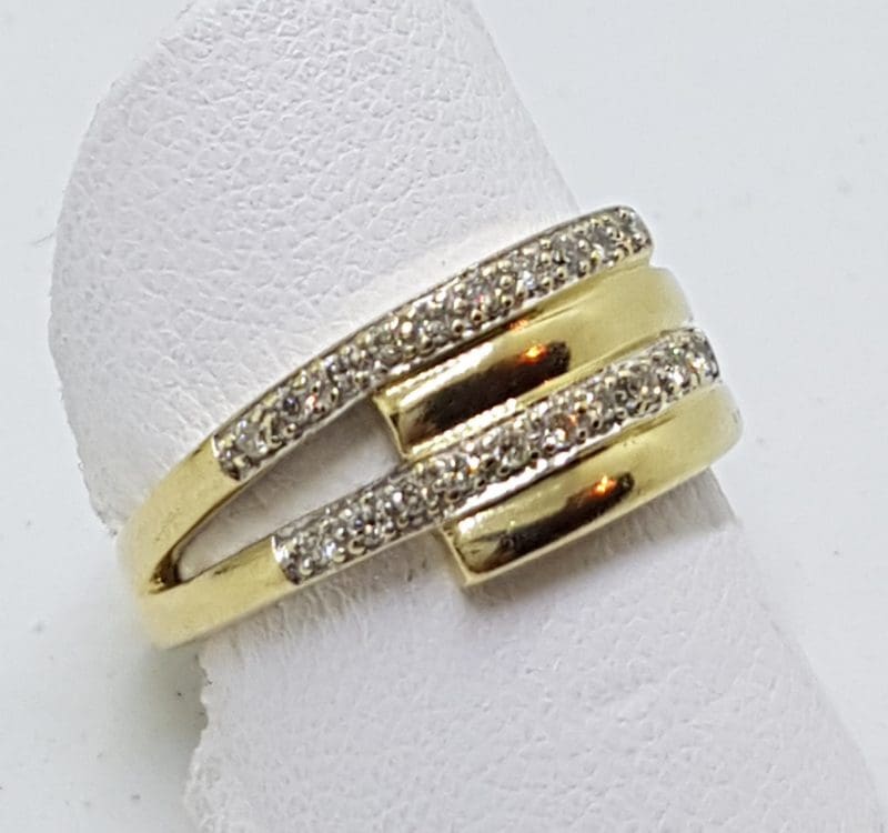 9ct Gold Diamond Crossover Lines Wide Gold Ring