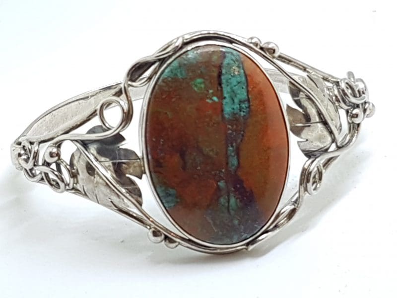 Sterling Silver Large Ornate Design Oval Chrysocolla Cuprite Bangle