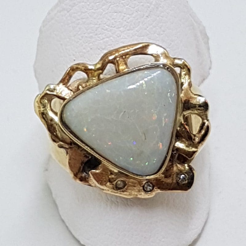9ct Yellow Gold Solid White Opal & Diamond Handmade Ring