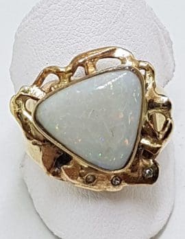 9ct Yellow Gold Solid White Opal & Diamond Handmade Ring