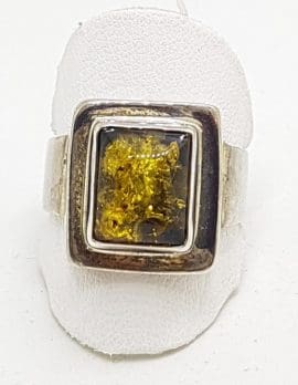 Sterling Silver Green Amber Ring - Rectangular