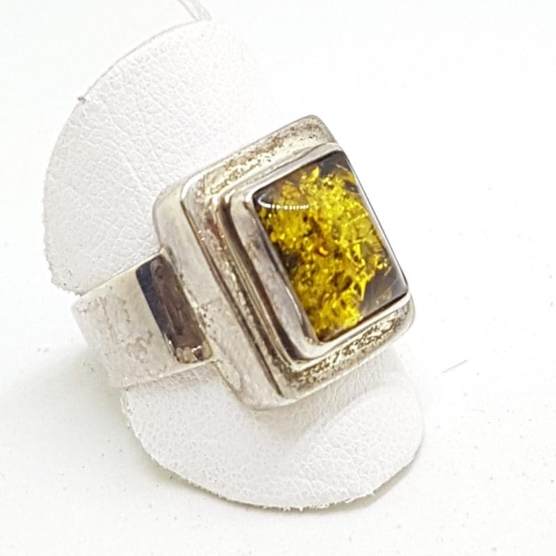 Sterling Silver Green Amber Ring - Rectangular