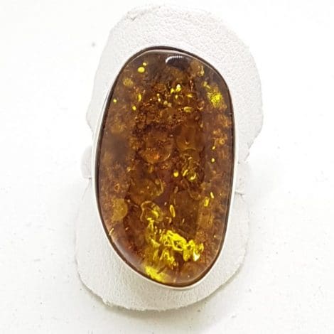Sterling Silver Large Green Amber Ring