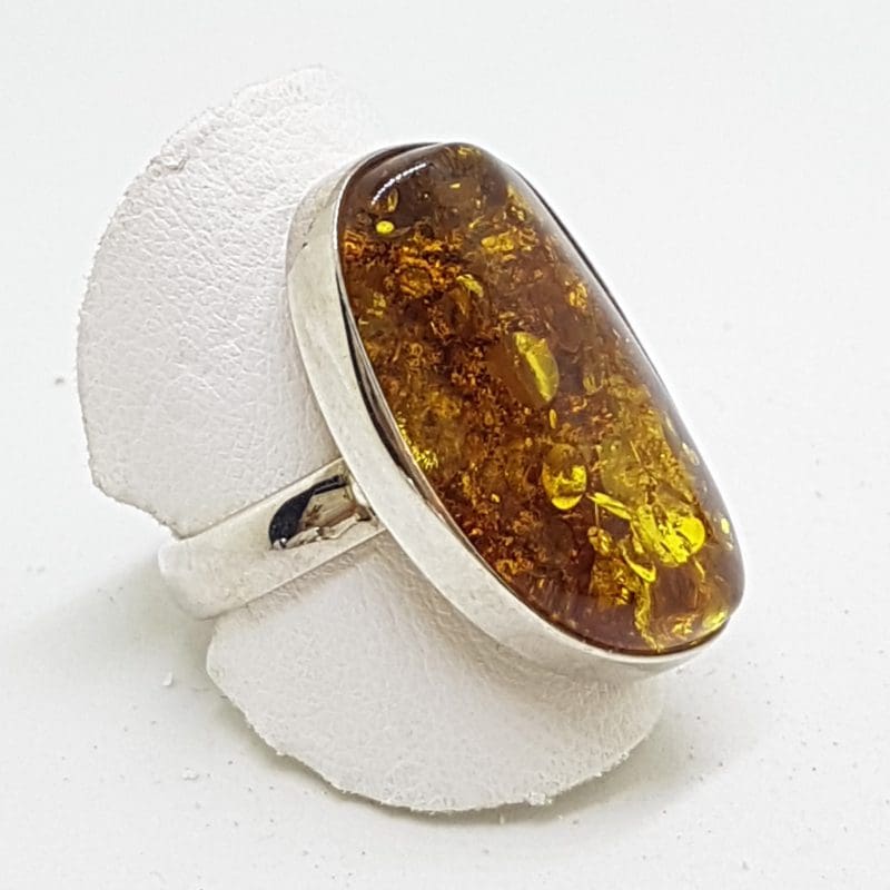 Sterling Silver Large Green Amber Ring