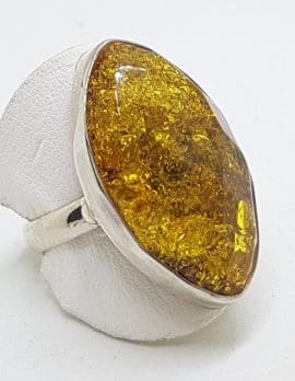 Sterling Silver Large Green Faceted Amber Ring - Marquis Shape