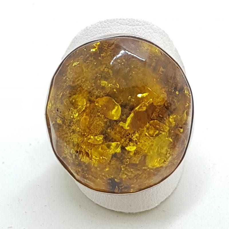 Sterling Silver Large Green Faceted Amber Ring - Round