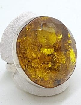 Sterling Silver Large Green Faceted Amber Ring - Round